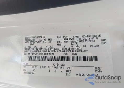 2021 Ford F-250 Xl z USA, uszkodzony, nr VIN 1FTBF2A61MED95756